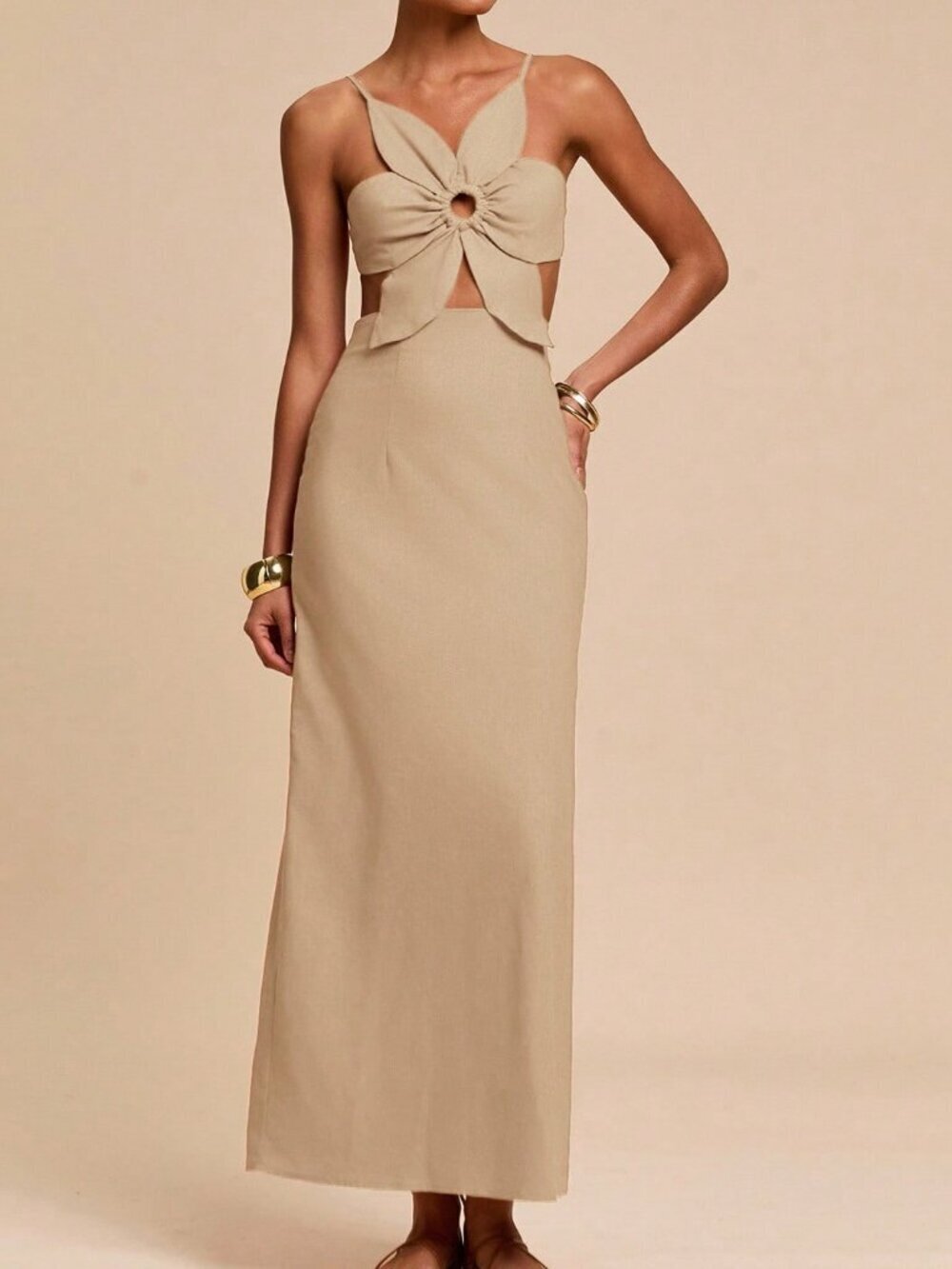 Khaki Casual Women's Vacation Petal Backless Strap Dress
